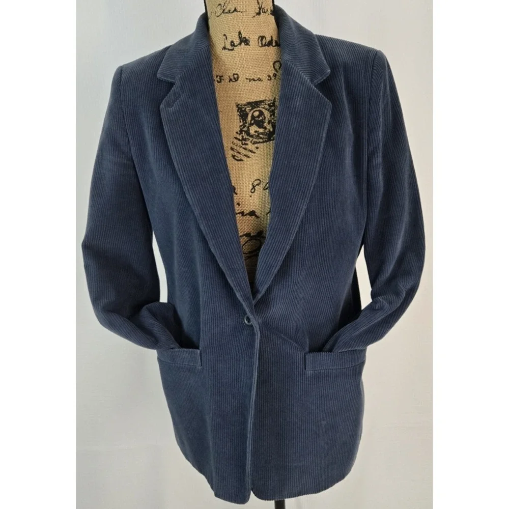Lands' End women's Petite blue Corduroy one‎ button Pocketed Jacket Coat size 6